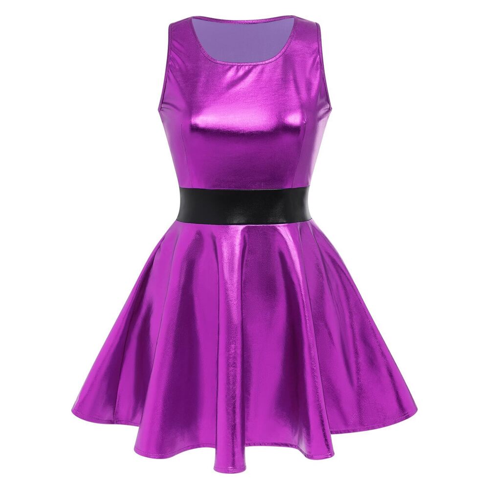 5546 Shiny Metallic Dress Sexy Sleeveless Skater Mini Dress Short Wet Look